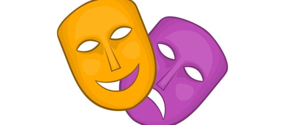 Comedy and tragedy theatrical masks icon in cartoon style on a white background